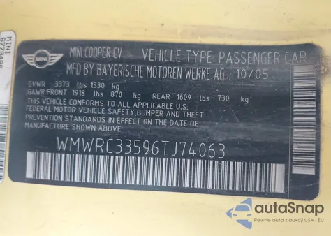 2006 Mini Cooper из США, поврежденный, VIN WMWRC33596TJ74063